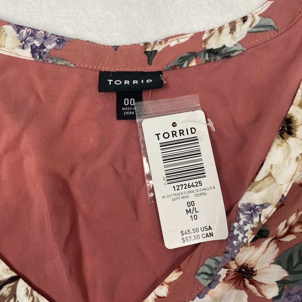 TORRID (00x) M/10 DUSTY ROSE FLORAL CHALLIS BUTTON BABYDOLL FLUTTER TOP - Picture 5 of 5